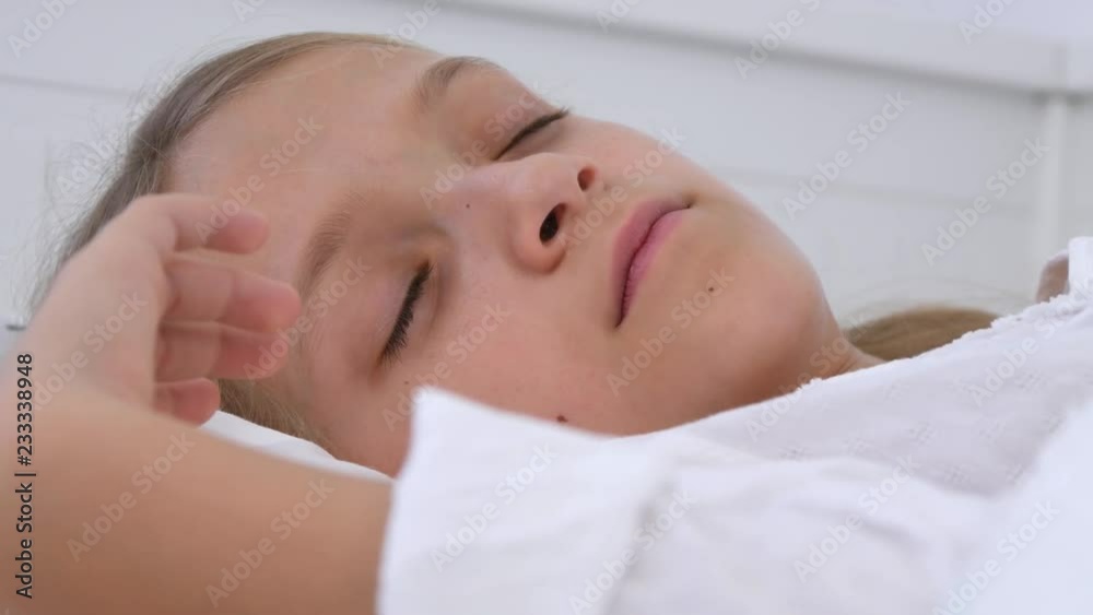 Sick Child Sleeping in Bed, Suffering Ill Kid Resting in Hospital, Medicine Pill Sick Child Sleeping in Bed, Suffering Ill Kid Resting in Hospital, Medicine Pill