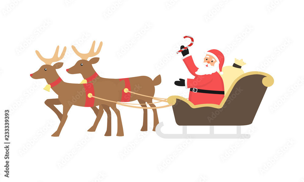 Fototapeta premium Santa Claus's reindeer pull a sleigh through the night sky to help Santa Claus deliver gifts to children on Christmas Eve.Picture isolated on white background.