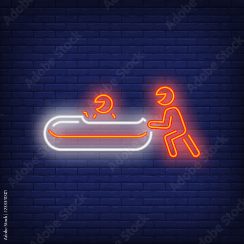 Red bobsleigh team neon sign. Glowing bob with sport team on dark blue brick background. Can be used for sport, winter games, Olympic