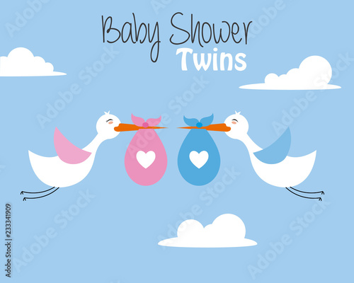 twin baby shower card. storks with baby girl and boy