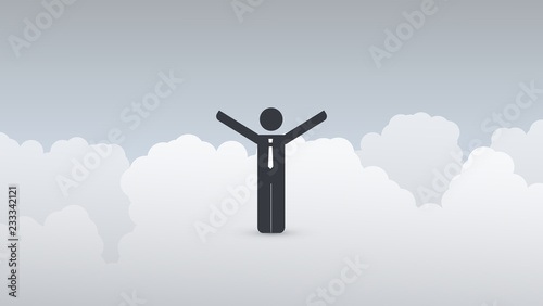 Hope, Faith in Digital Technology - Cloud Computing, Global Network Connections, Internet of Things - Design Concept with a Standing Happy Business Man in the Clouds
