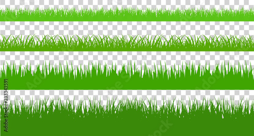 Large set of fresh green spring grass cartoon borders in lengths and densities for use as design elements isolated on transparent background. cartoon vector illustration