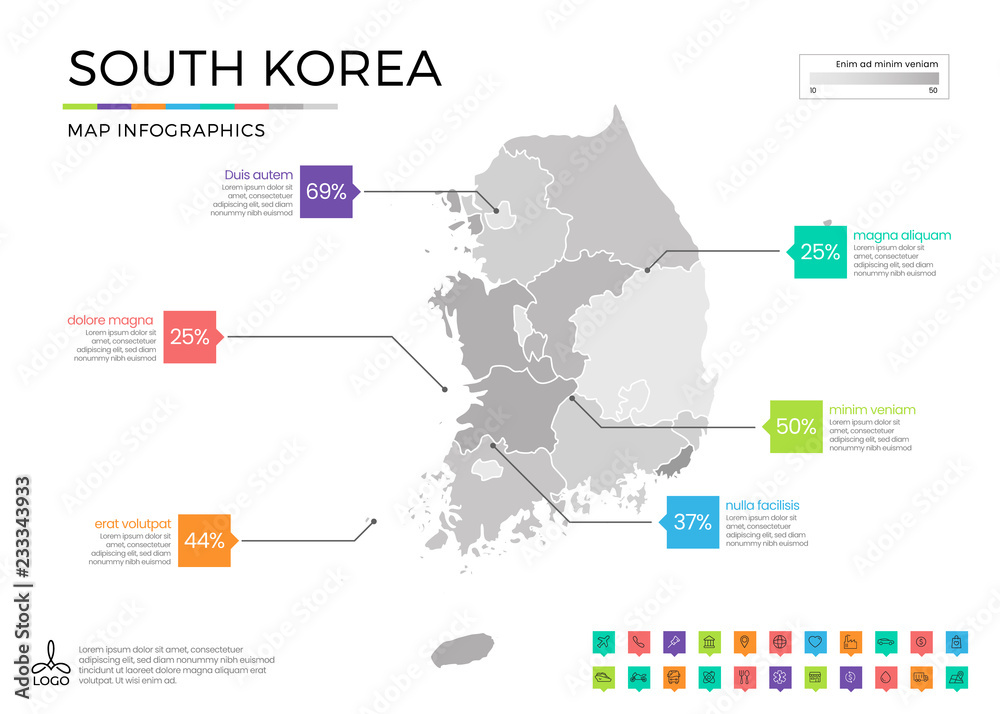 South Korea map infographics with editable separated layers, zones