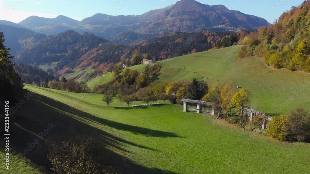 Beautiful and vibrant green countryside in Slovenia at autumn. 4K aerial drone footage. Beautiful and vibrant green countryside in Slovenia at autumn. 4K aerial drone footage.