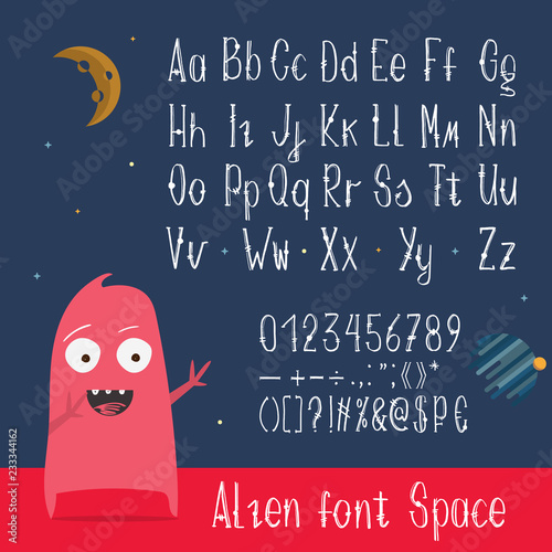 Cartoon vector latin ABC with funny alien character showing space stylized fo...