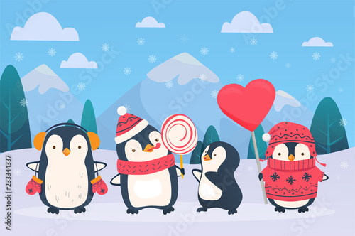 christmas penguins on snowy background
