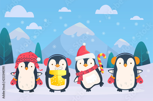 christmas penguins on snowy background