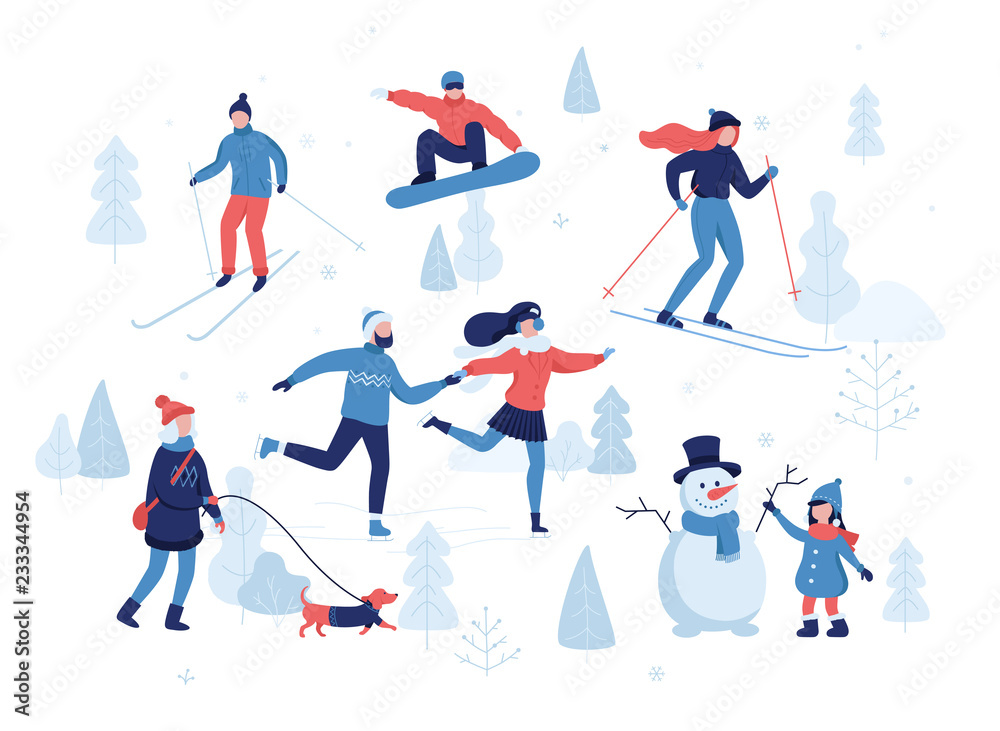 People having winter activities in park, skiing, skating, snowboarding, girl walking the dog, girl making a cute snowman, cartoon characters in flat design isolated on white. Vector illustration.