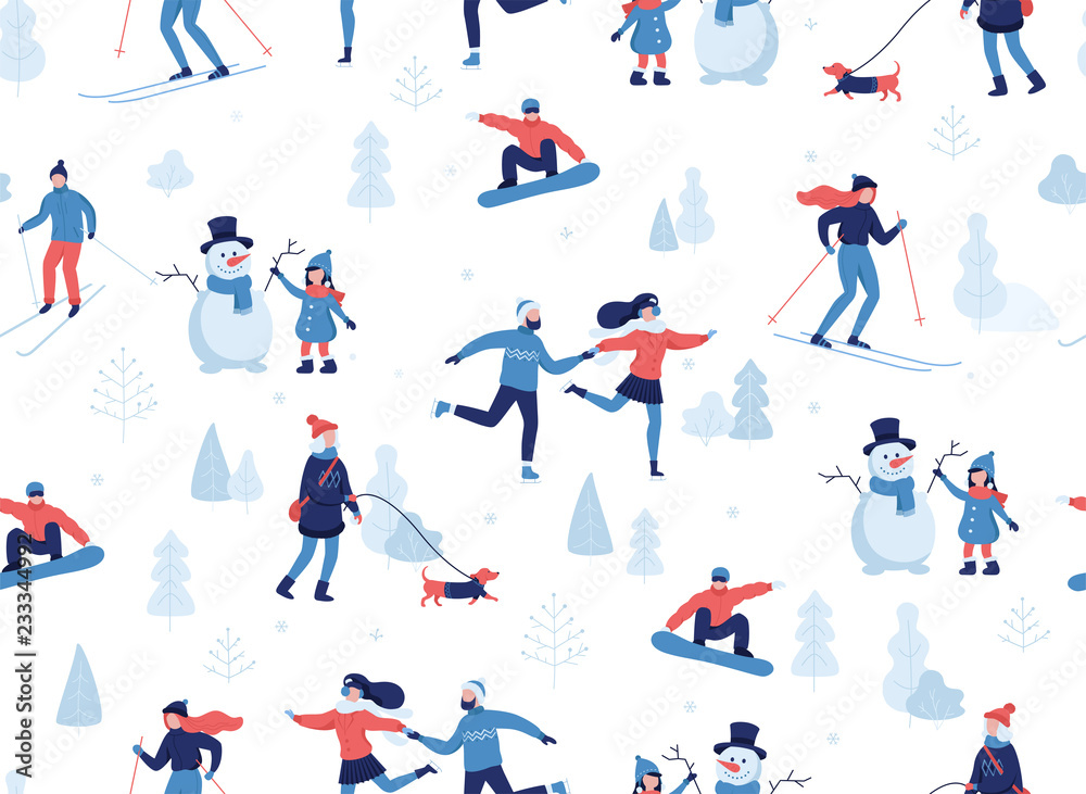 Winter seamless pattern. People having winter activities in park, skiing, skating, snowboarding, girl walking the dog, girl making a cute snowman, cartoon characters in flat design isolated on white.