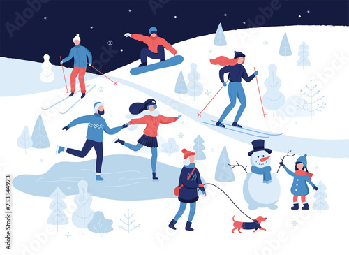 People having winter activities in park, skiing, skating, snowboarding, girl walking the dog, girl making a cute snowman, cartoon characters in flat design isolated on white. Vector illustration.