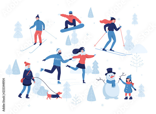 People having winter activities in park, skiing, skating, snowboarding, girl walking the dog, girl making a cute snowman, cartoon characters in flat design isolated on white. Vector illustration.