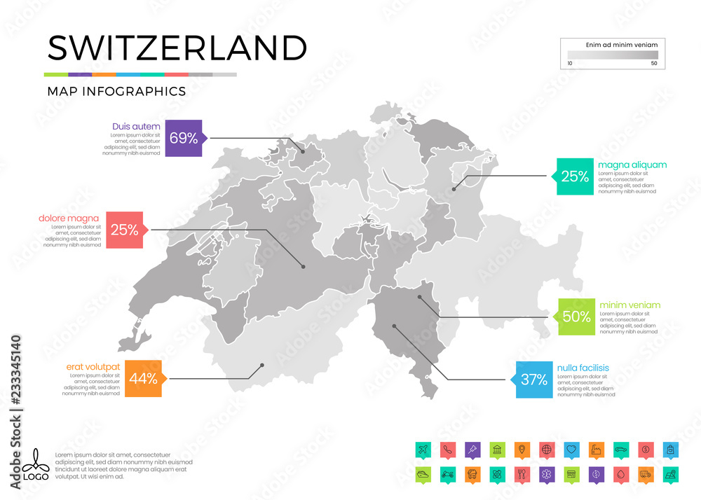 Switzerland map infographics with editable separated layers, zones, elements and district area in vector Switzerland map infographics with editable separated layers, zones, elements and district area in vector