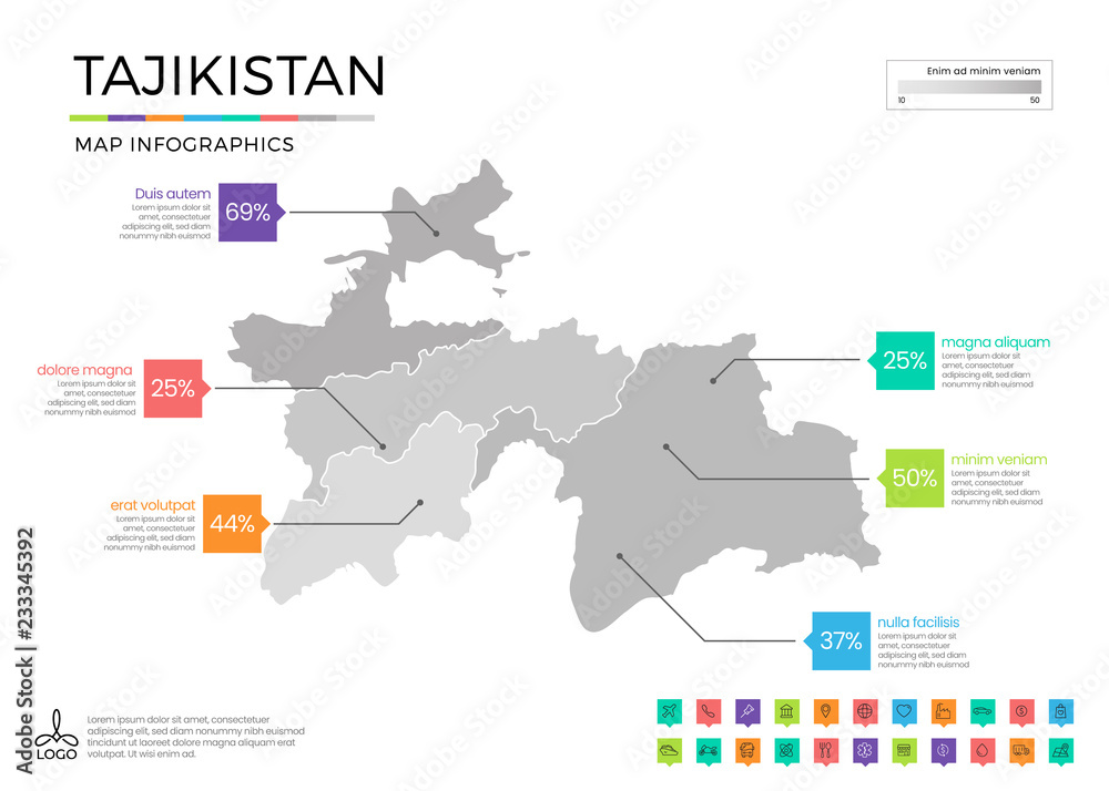 Tajikistan map infographics with editable separated layers, zones, elements and district area in vector