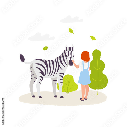 Cute girl contacting with the zebra. Colorful vector illustration in flat cartoon style. Zoo park elements isolated on white background. Infographic elements.