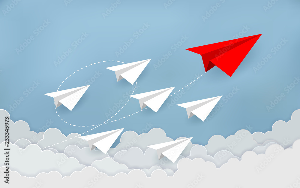 Paper plane are competition to destination up to the sky go to success goal. business financial concept. leadership. creative idea. illustration vector. start up. paper art style. cartoon  - obrazy, fototapety, plakaty 