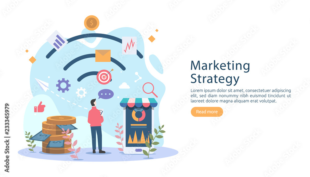 digital marketing strategy concept with tiny people character. online ecommerce business in modern flat design template for web landing page, banner, presentation, social media. Vector illustration.