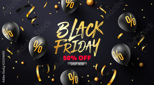 Black Friday Sale Poster with black balloons for Retail,Shopping or Black Friday Promotion in golden and black style.Vector illustration EPS10
