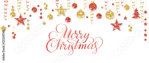 Red and gold glitter ornaments isolated on white. Hanging ribbons and balls, tree and stars. Merry Christmas calligraphy.