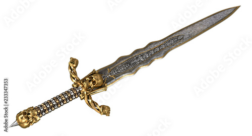 long sword with skull and bones on an isolated white background. 3d illustration