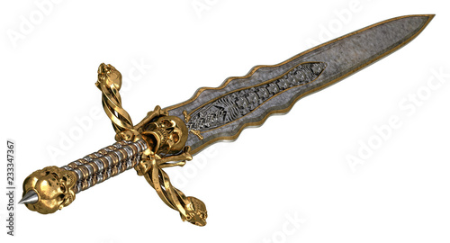 long sword with skull and bones on an isolated white background. 3d illustration