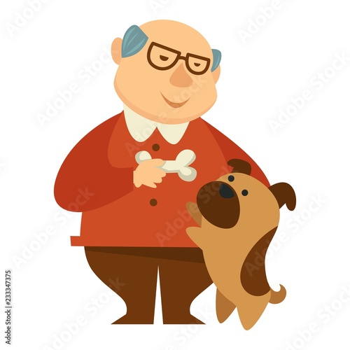 Smiling grandpa giving a bone to his small dog