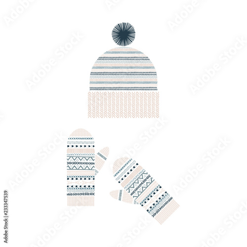 Knitted hat with pompom and mittens on white background. Hand-drawn winter accessories. Vector illustration.