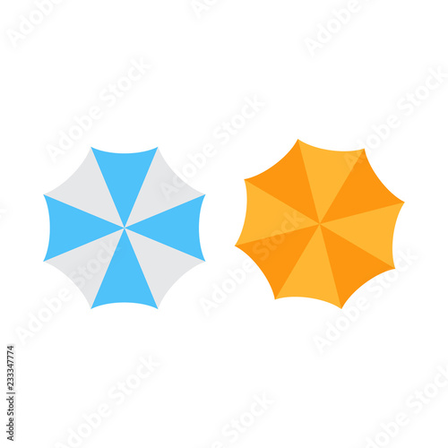 Beach sun umbrellas top view vector icons. Set of parasol with colored striped pattern illustration