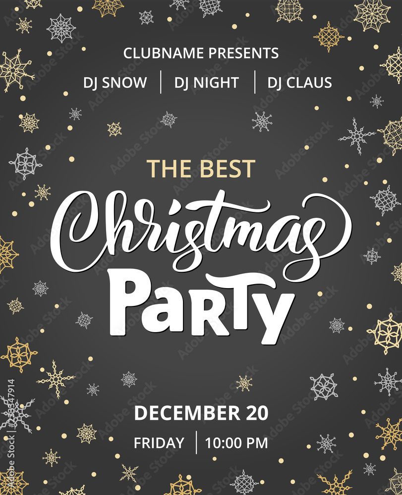Christmas party poster template, vector illustration. Hand written lettering, typography. Background with falling snowflakes Christmas party poster template, vector illustration. Hand written lettering, typography. Background with falling snowflakes