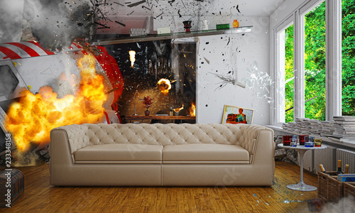 Esplosione in ambiente domestico, catastrofe, elicottero, illustrazione 3d photo