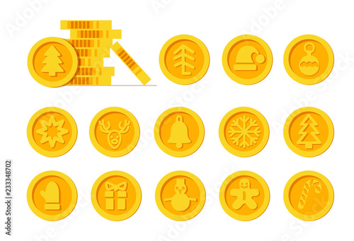 Christmas Cryptocurrency logo set - Santa Claus hat, bell, gingerbread man, ball, deer, snowman, gift, mitten. Golden coins with winter new year holiday Cryptocurrency symbol