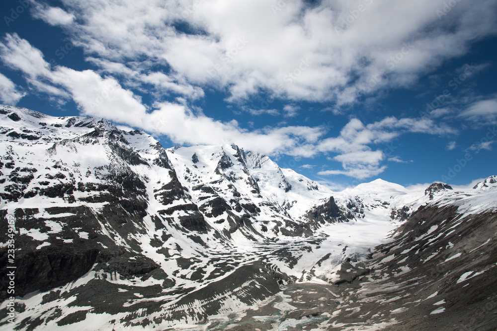 Panorama of the highest mountain range and highest point (Grossglockner) in the Austrian Alps covered in snow