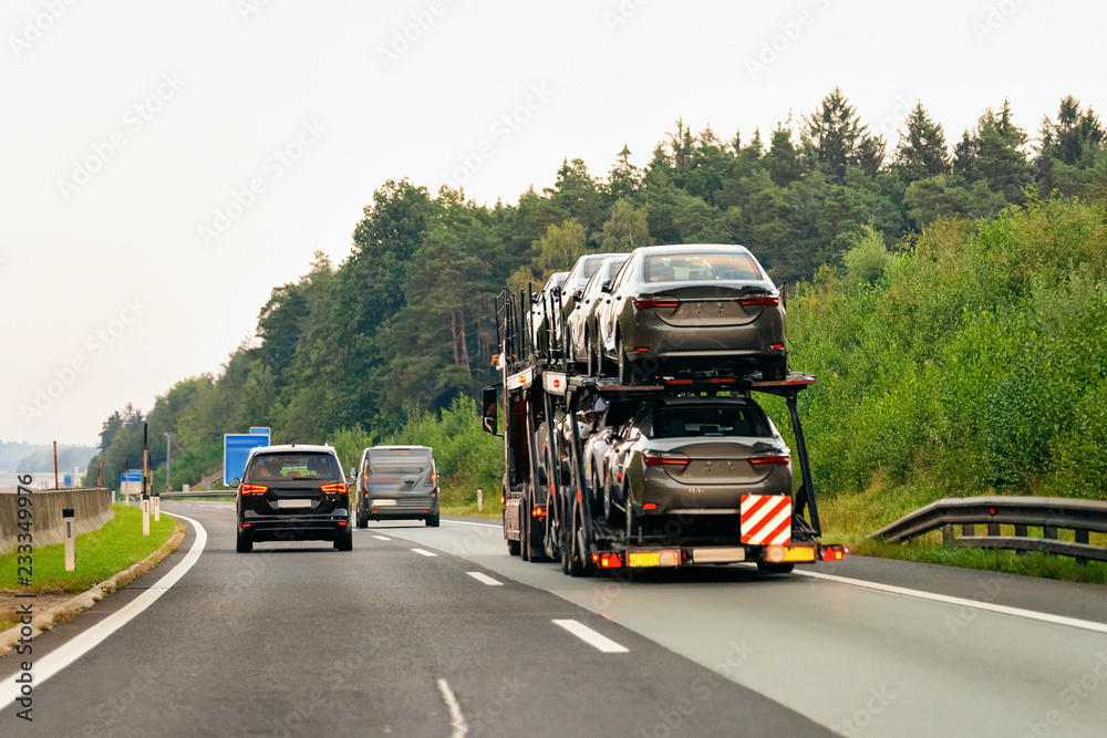 Cars carrier truck in asphalt highway road in Poland