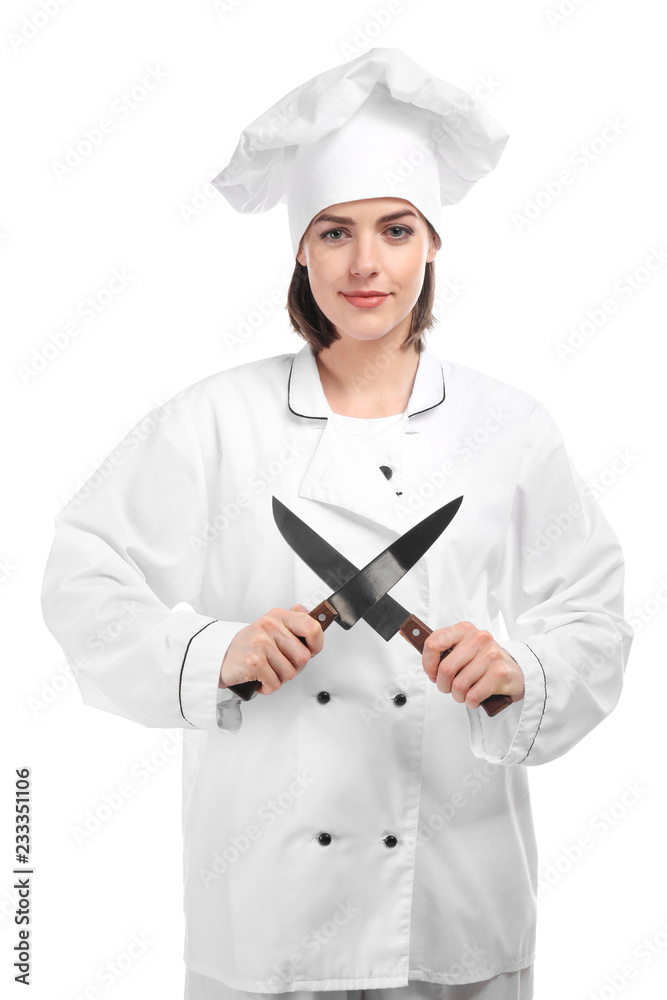 Young female chef with knives on white background Young female chef with knives on white background