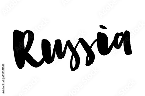 slogan Vector hand drawn sketch of the text Russia with tricolor isolated on white background. For printing T-shirts, souvenirs, badges, for tourist advertising, posters, banners, leaflets.