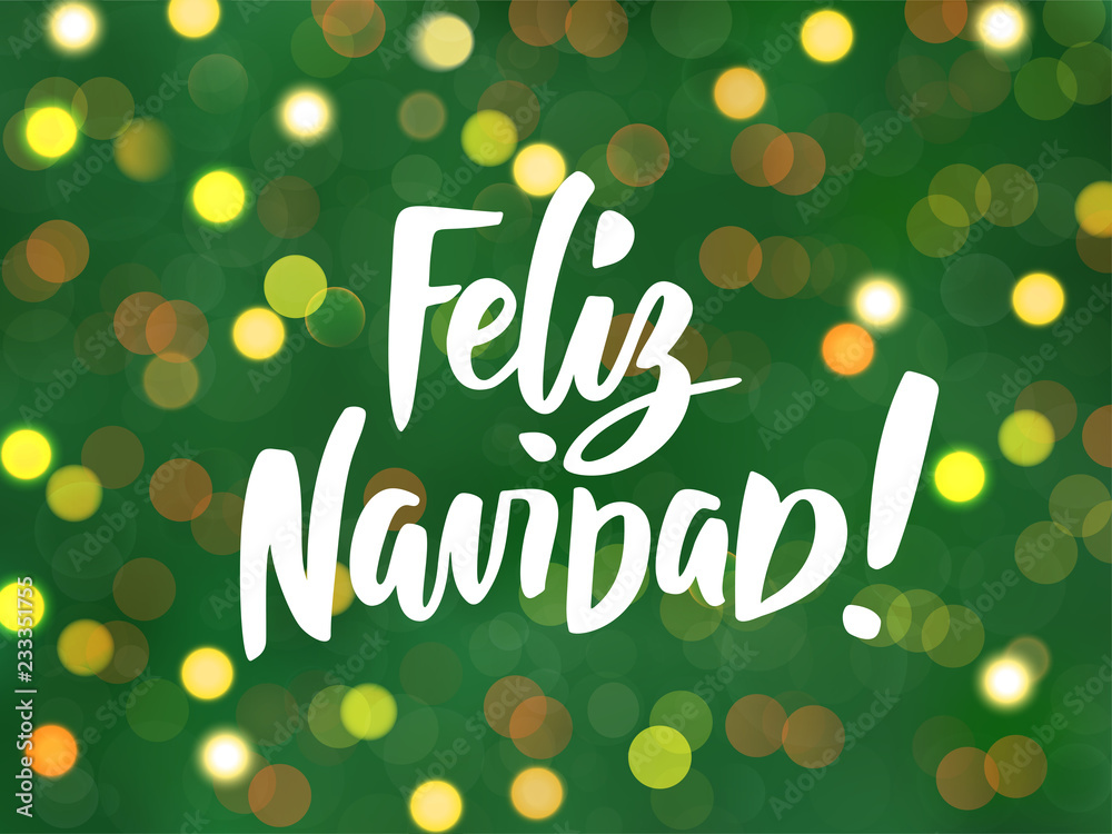 Feliz Navidad - spanish Merry Christmas text. Holiday greetings quote. Glowing lights background, bokeh effect.
