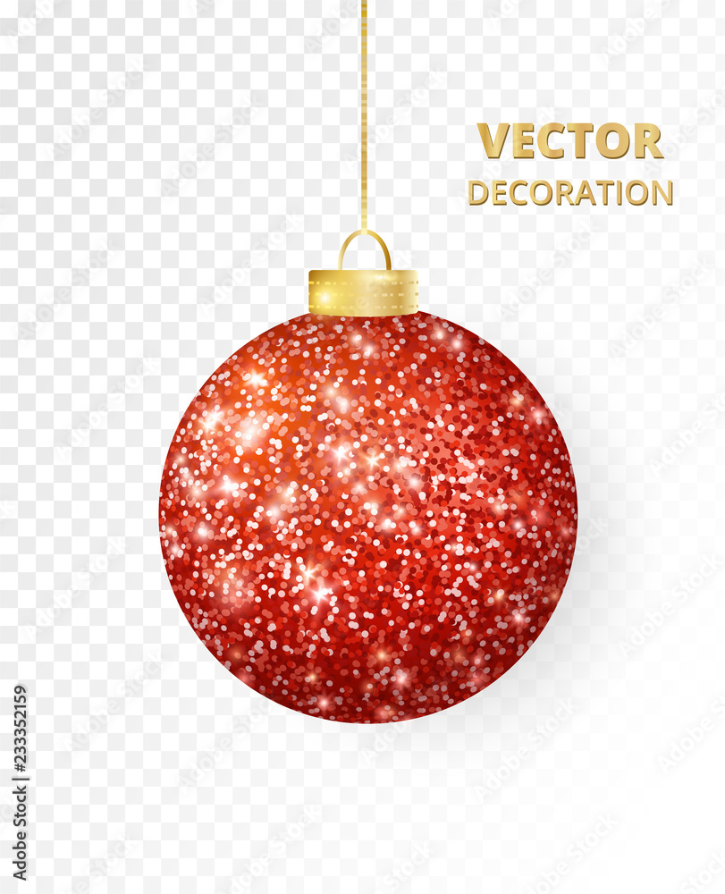 Hanging Christmas red ball isolated on white. Sparkling glitter texture bauble, holiday decoration