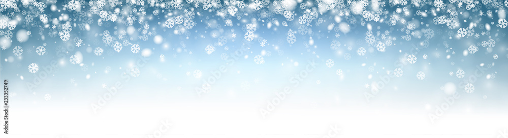 Blue abstract shiny winter banner with snowflakes.