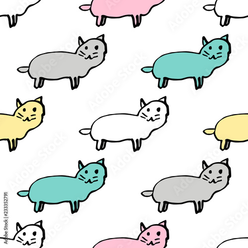 Vector seamless pattern with cats and ravels . Simple hand drawn background with doodle kittens. Pastel colors.