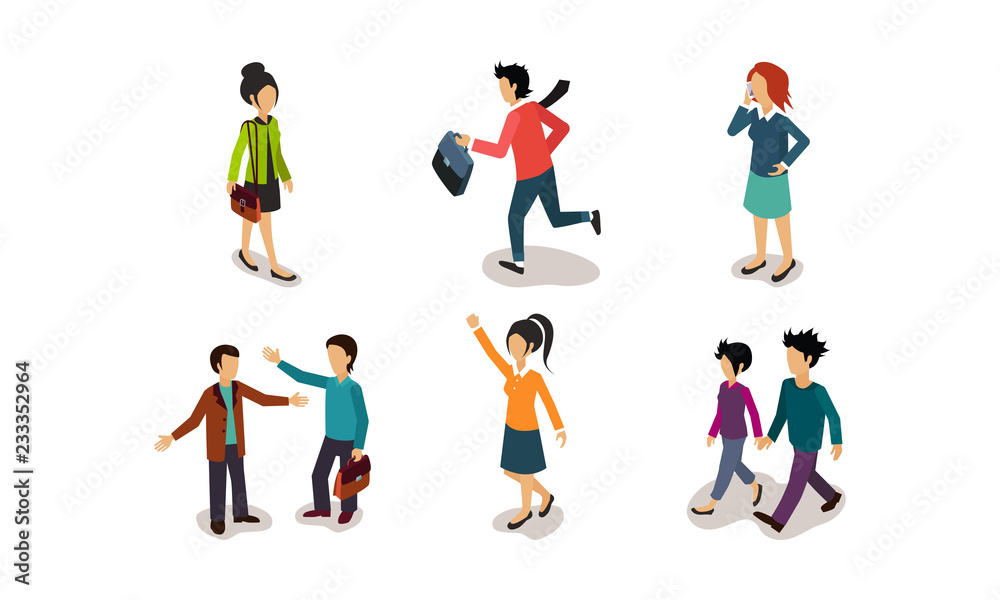 Business people and situations set, men and women rushing to work, talking on the phone, communicating with colleagues vector Illustration on a white background