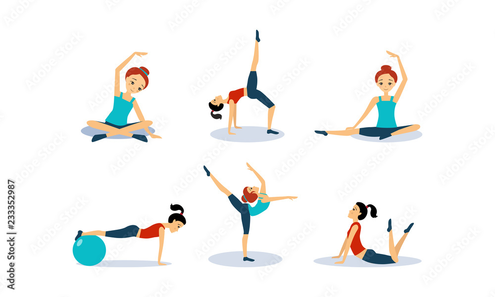 Slim young woman doing fitness workout, active healthy lifestyle concept vector Illustration on a white background
