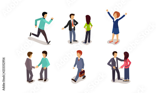 Business people set, men and women rushing to work, rejoicing success, communicating, meeting with colleagues vector Illustration on a white background