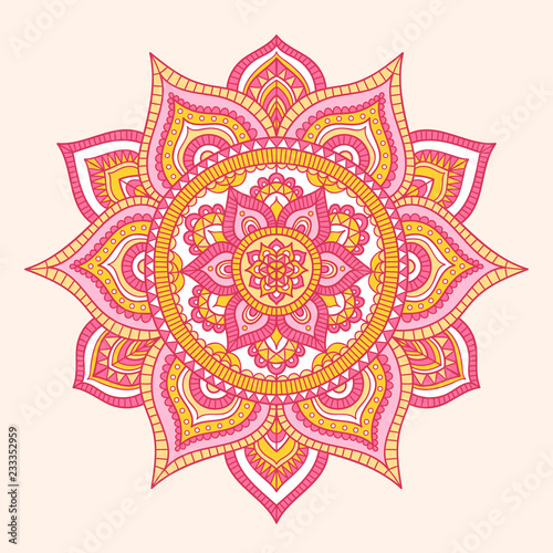 Vector hand drawn doodle mandala. Ethnic mandala with colorful tribal ornament. Isolated. Pink, white and yellow colors. On beige background.