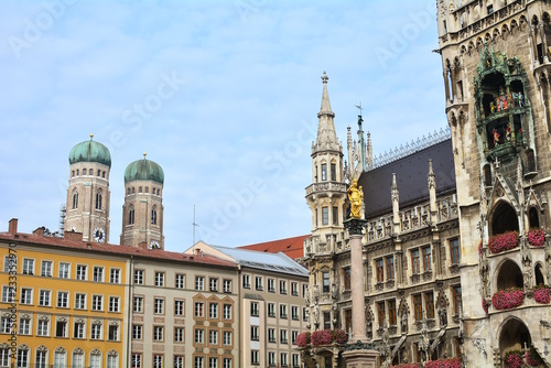 The famous Munich square, Marienplatz, with its Gothic-style palaces, Germany. © liberowolf