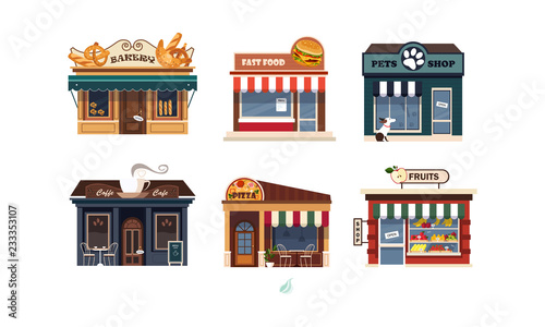 Fototapeta Naklejka Na Ścianę i Meble -  Facades of various shops set, bakery, fast food, pets shop, pizza, fruits vector Illustration on a white background