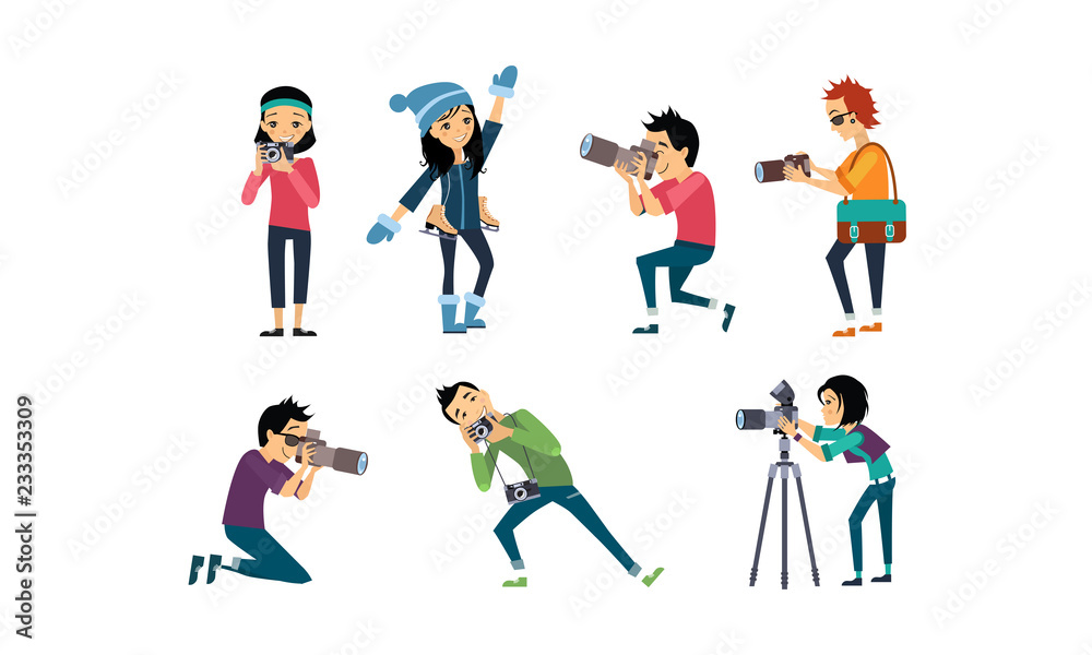 Professional photographer taking photos with camera set vector Illustration on a white background