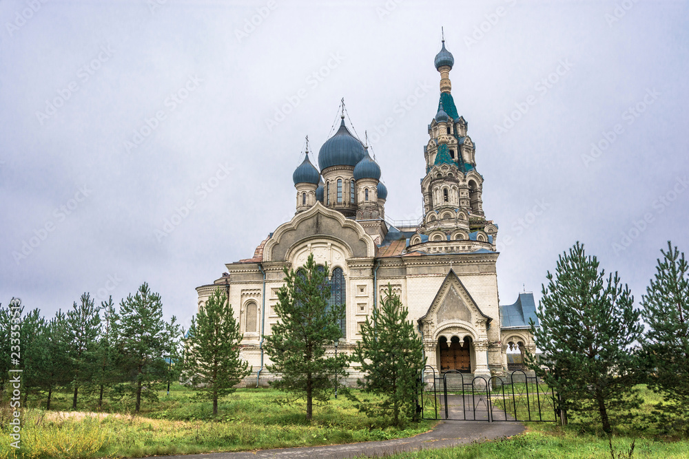 Spassky Cathedral in the village of Kukoboy on an overcast day, Russia.