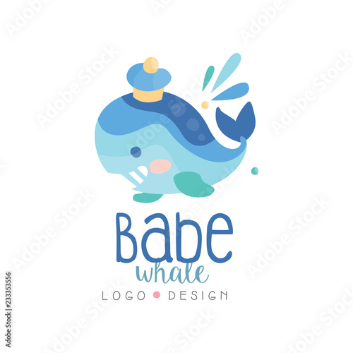 Babe whale logo design, emblem can be used for kids club, baby shop, kids market, kindergarten and any other children projects vector Illustration