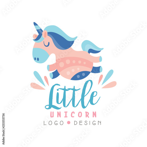 Little unicorn logo design, emblem can be used for kids education center, club, baby shop, kids market, kindergarten and any other children projects vector Illustration