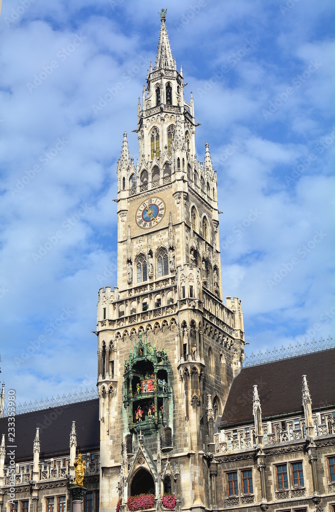The famous Munich square, Marienplatz, with its Gothic-style palaces, Germany.
