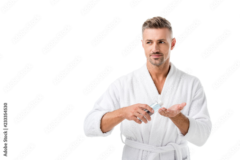 adult man in bathrobe using shaving lotion isolated on white adult man in bathrobe using shaving lotion isolated on white